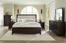 Load image into Gallery viewer, Neymorton Queen Upholstered Panel Bed with Mirrored Dresser, Chest and Nightstand
