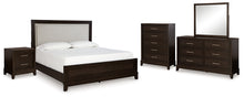 Load image into Gallery viewer, Neymorton Queen Upholstered Panel Bed with Mirrored Dresser, Chest and Nightstand
