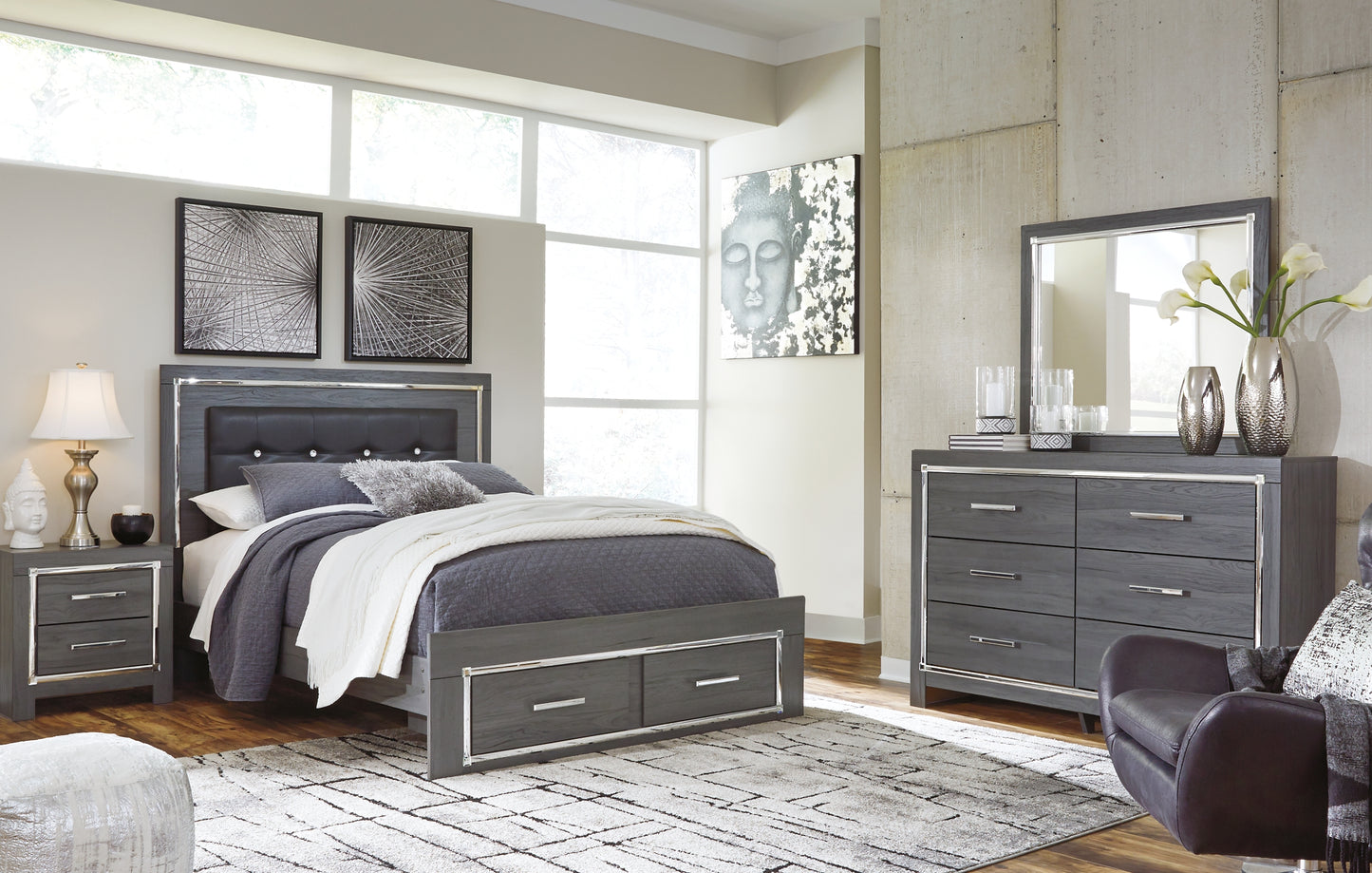 Lodanna Queen Panel Bed with 2 Storage Drawers with Mirrored Dresser, Chest and 2 Nightstands