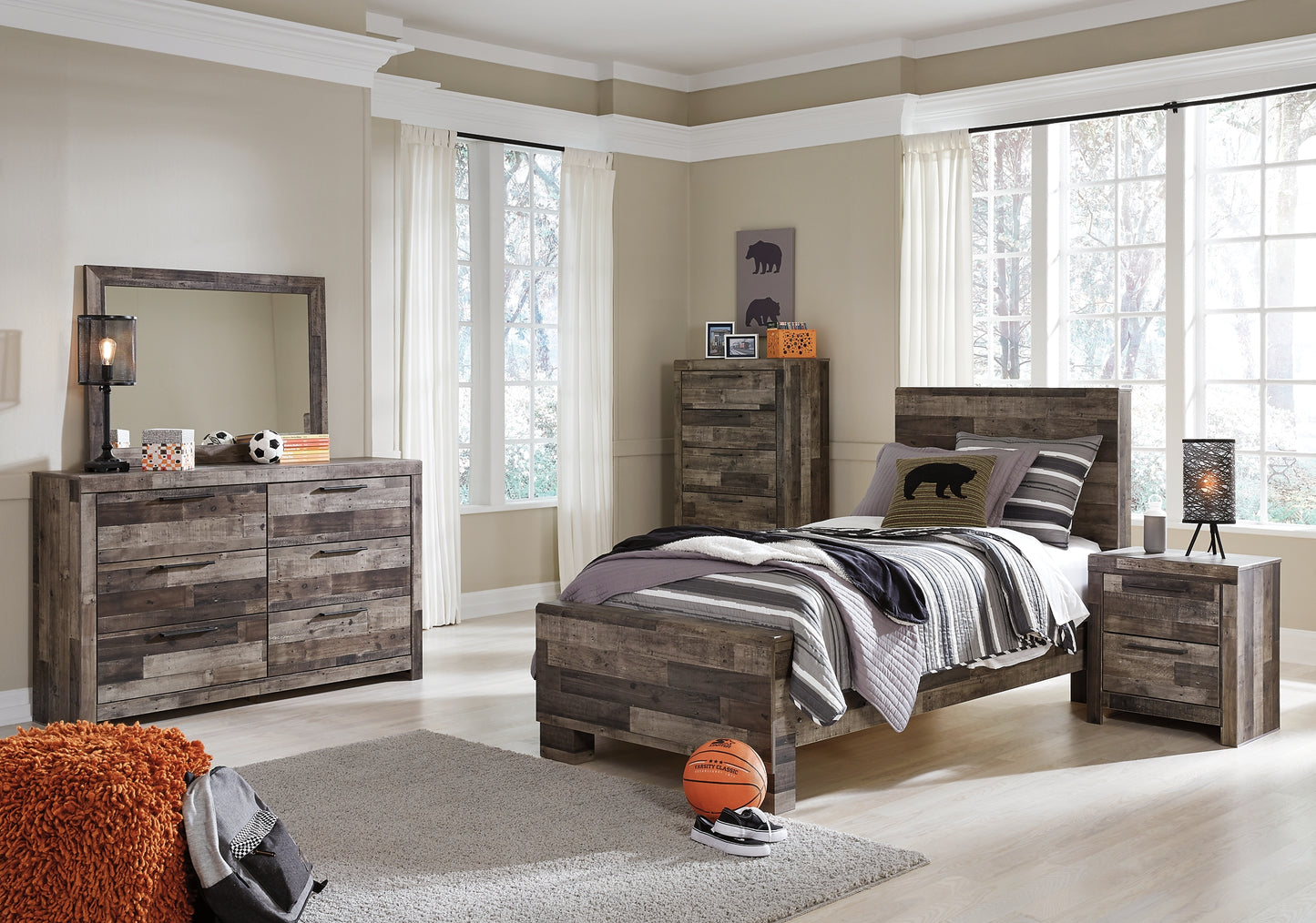 Derekson Twin Panel Bed with Mirrored Dresser, Chest and Nightstand